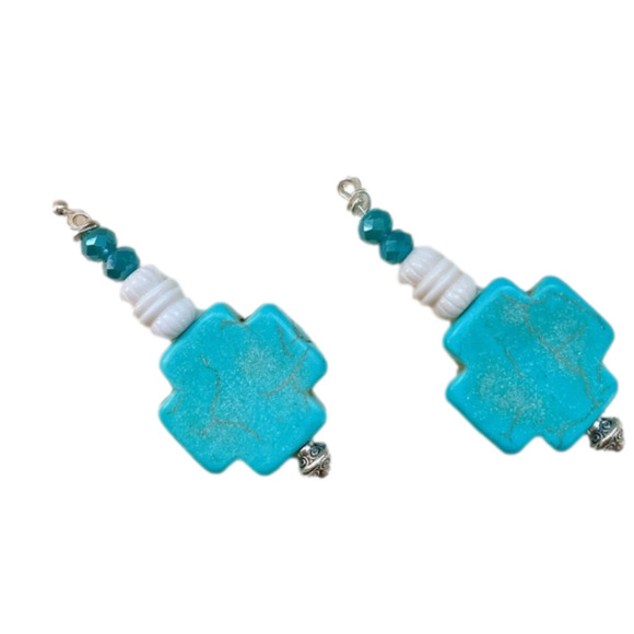 𝅺STERLING Silver Earrings Howlite Boho Cross Hand-Carved Crystals - Picture 5 of 5